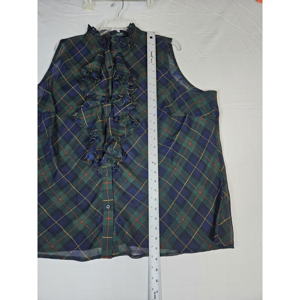 LAUREN RALPH LAUREN Shirt Women's 3X Green Tartan Plaid Ruffle Sheer Button LRL - Picture 7 of 13